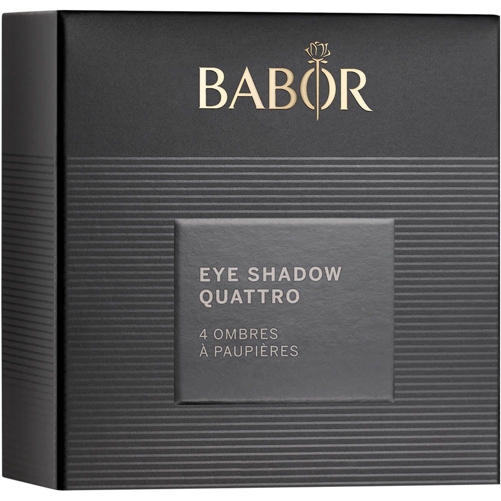 Schwarze Verpackung mit Babor-Logo und Schriftzug 'Eye Shadow Quattro'. Text in Deutsch und Französisch.