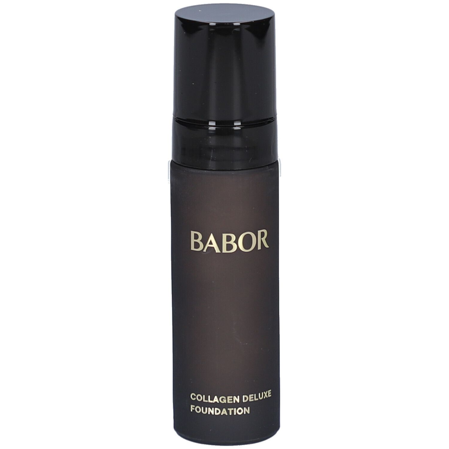 Babor Collagen Deluxe Foundation Flasche. Schwarz-braune Flasche mit schwarzem Deckel. Goldener Schriftzug.