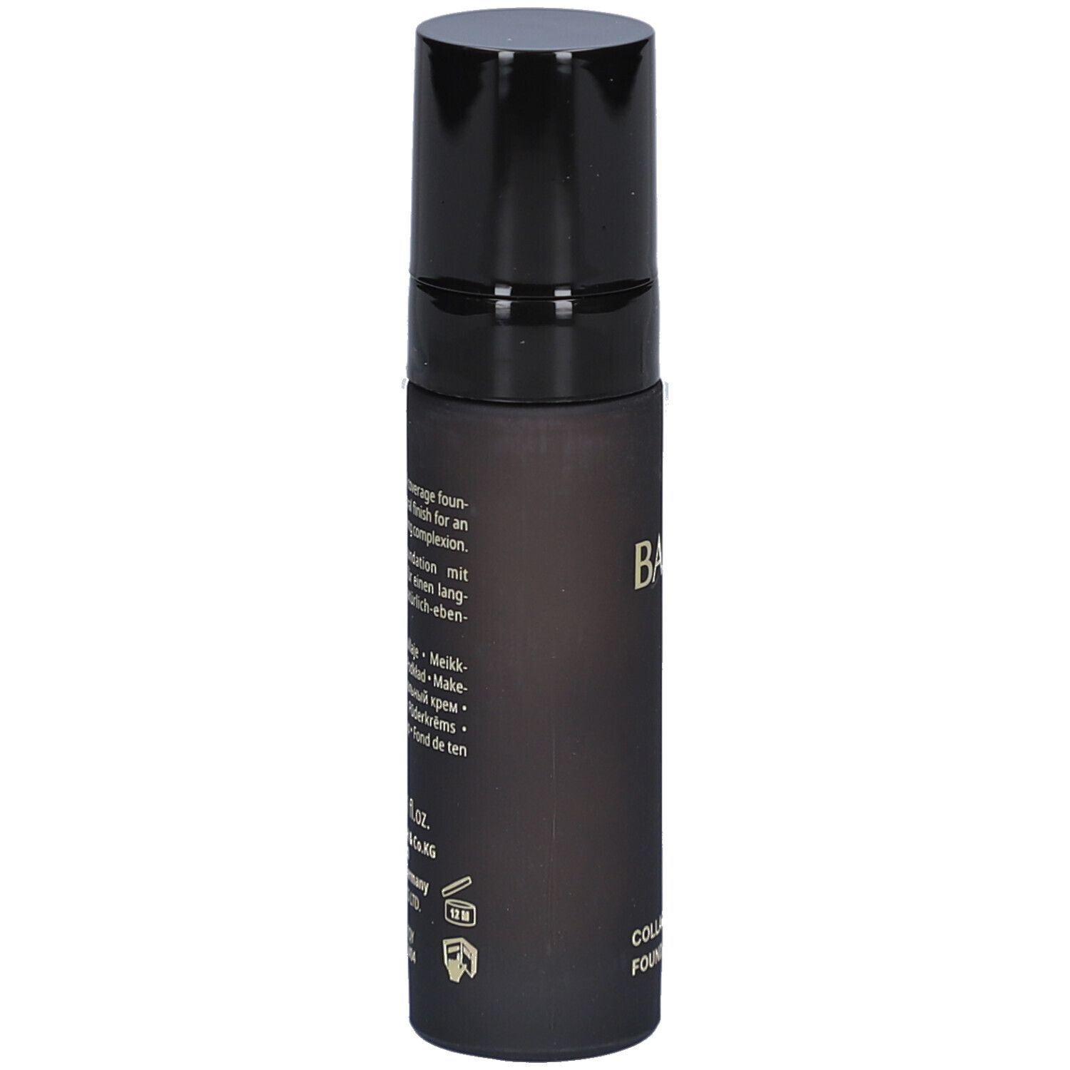 Babor Collagen Deluxe Foundation Flasche. Schwarze Flasche mit Text. Schwarzer Deckel. Goldener Schriftzug.