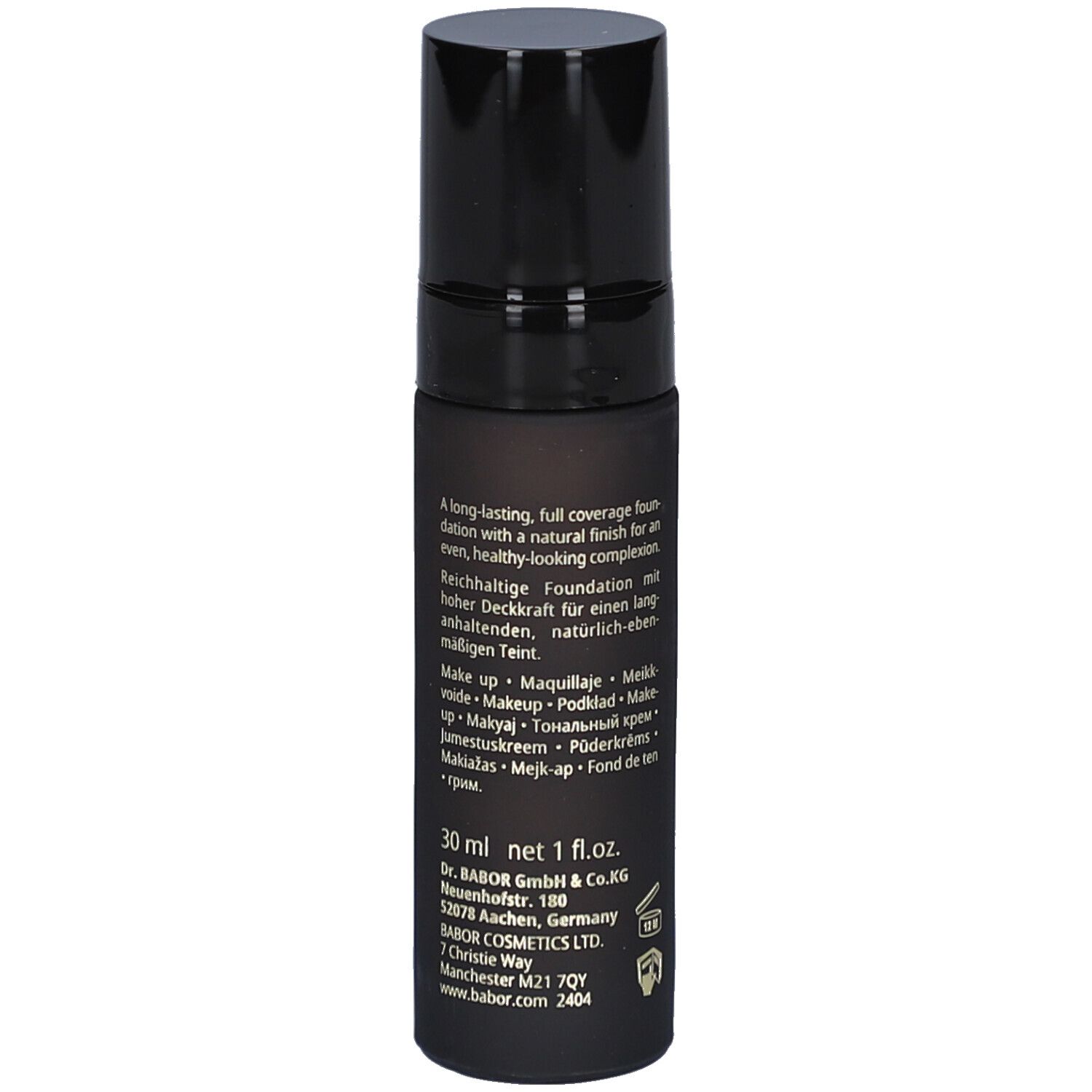 Babor Collagen Deluxe Foundation Flasche. Schwarze Flasche mit Text. Schwarzer Deckel. 30 ml.