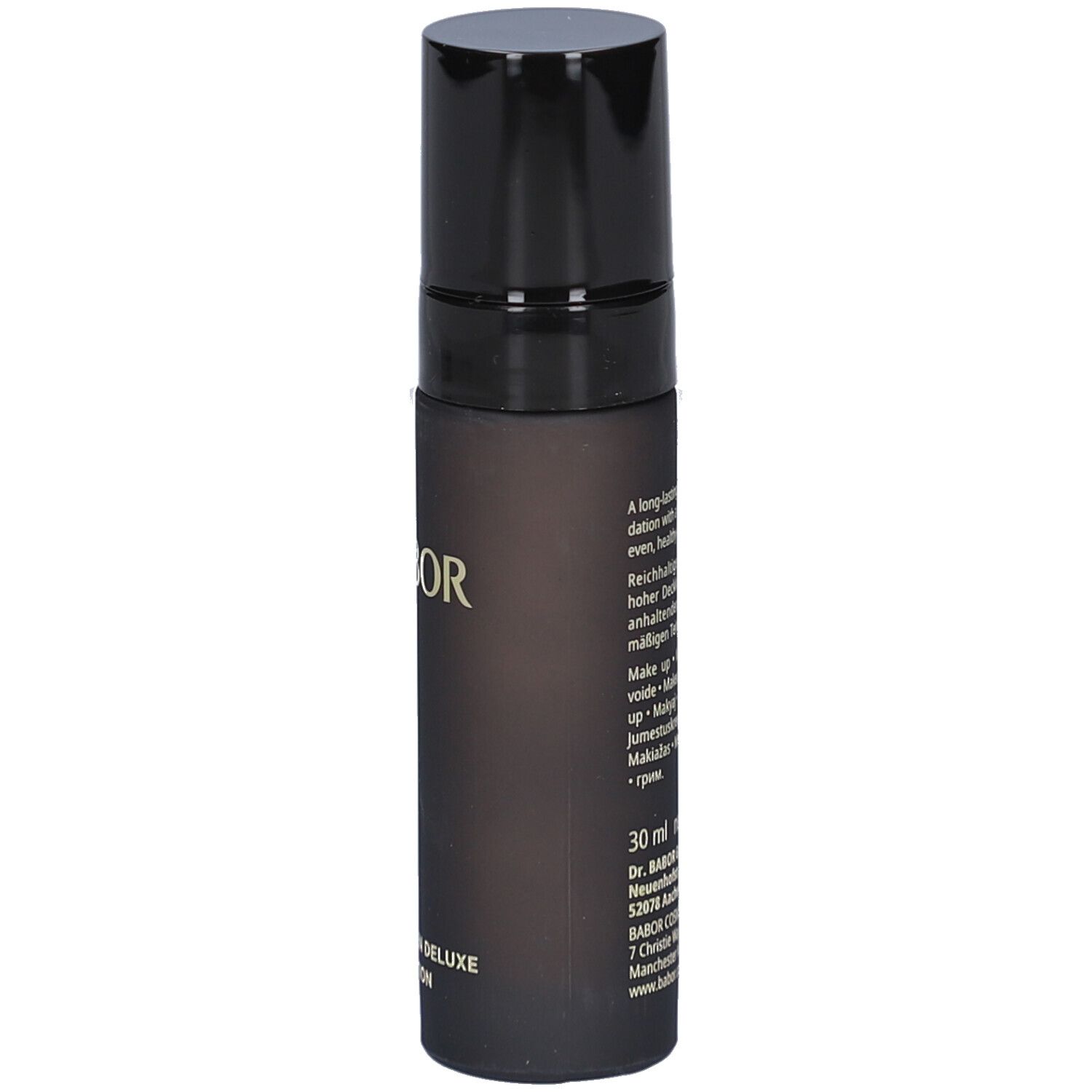 Babor Collagen Deluxe Foundation Flasche. Schwarze Flasche mit Text. Schwarzer Deckel. Goldener Schriftzug.