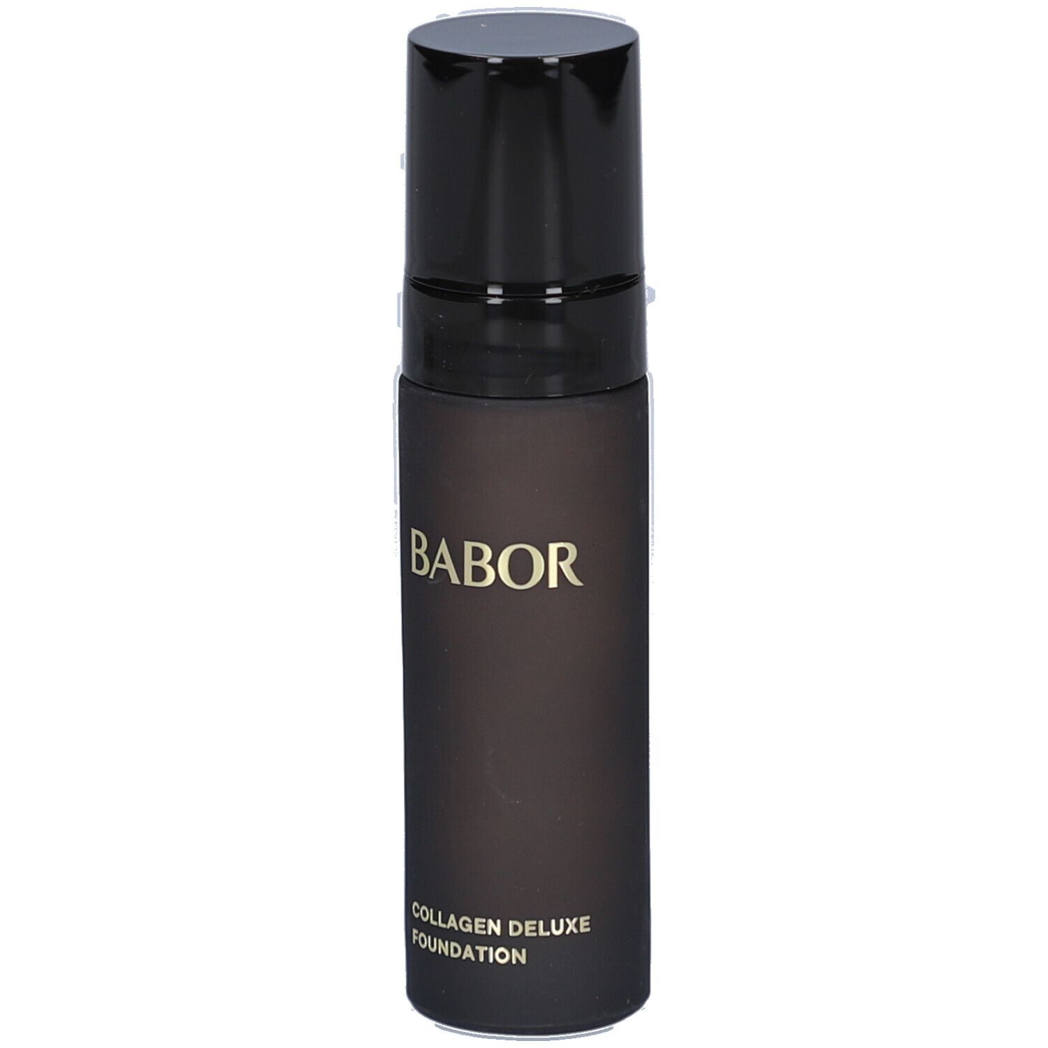 Babor Collagen Deluxe Foundation Flasche. Schwarze Flasche mit schwarzem Deckel. Goldener Schriftzug.