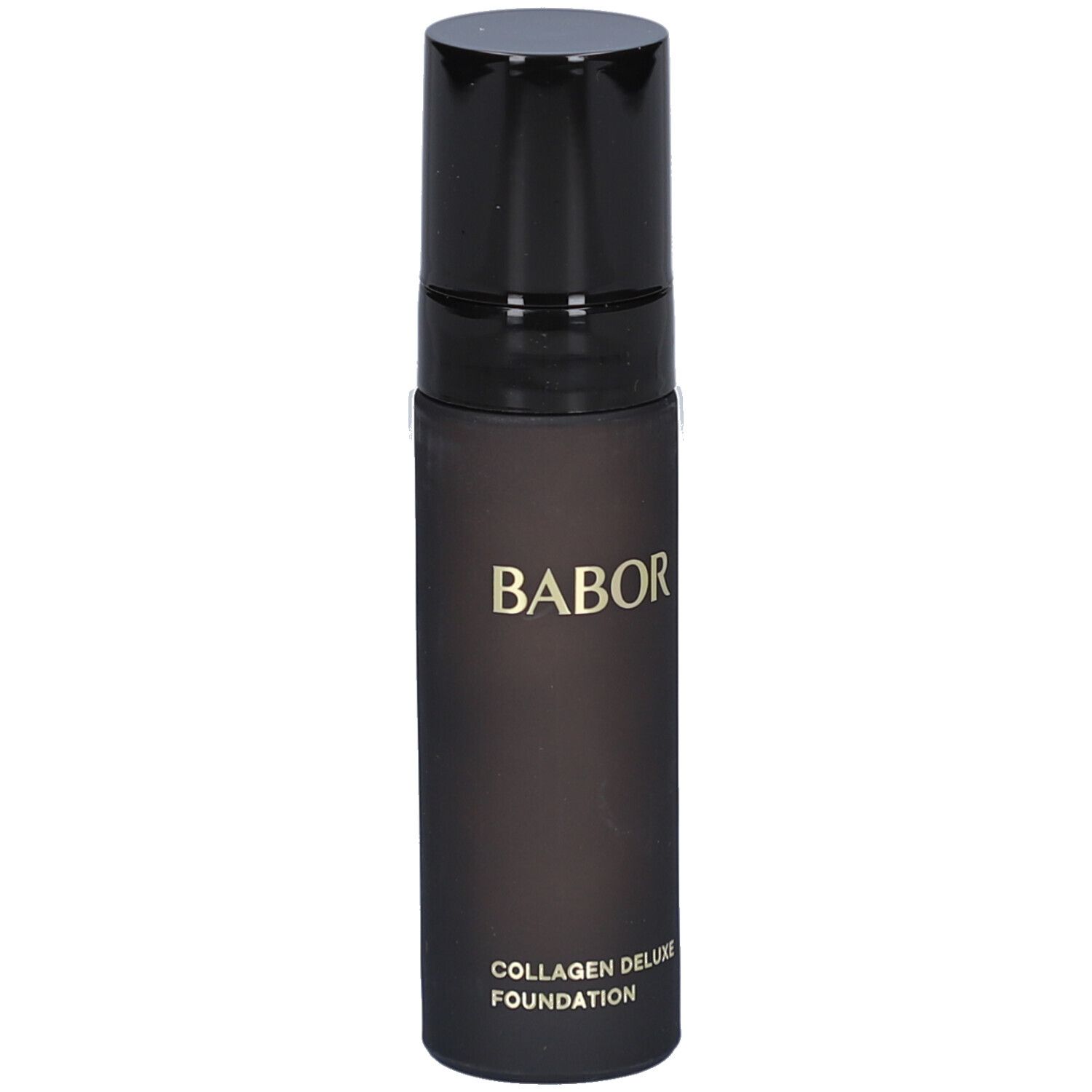 Babor Collagen Deluxe Foundation Flasche. Schwarze Flasche mit schwarzem Deckel. Goldener Schriftzug.
