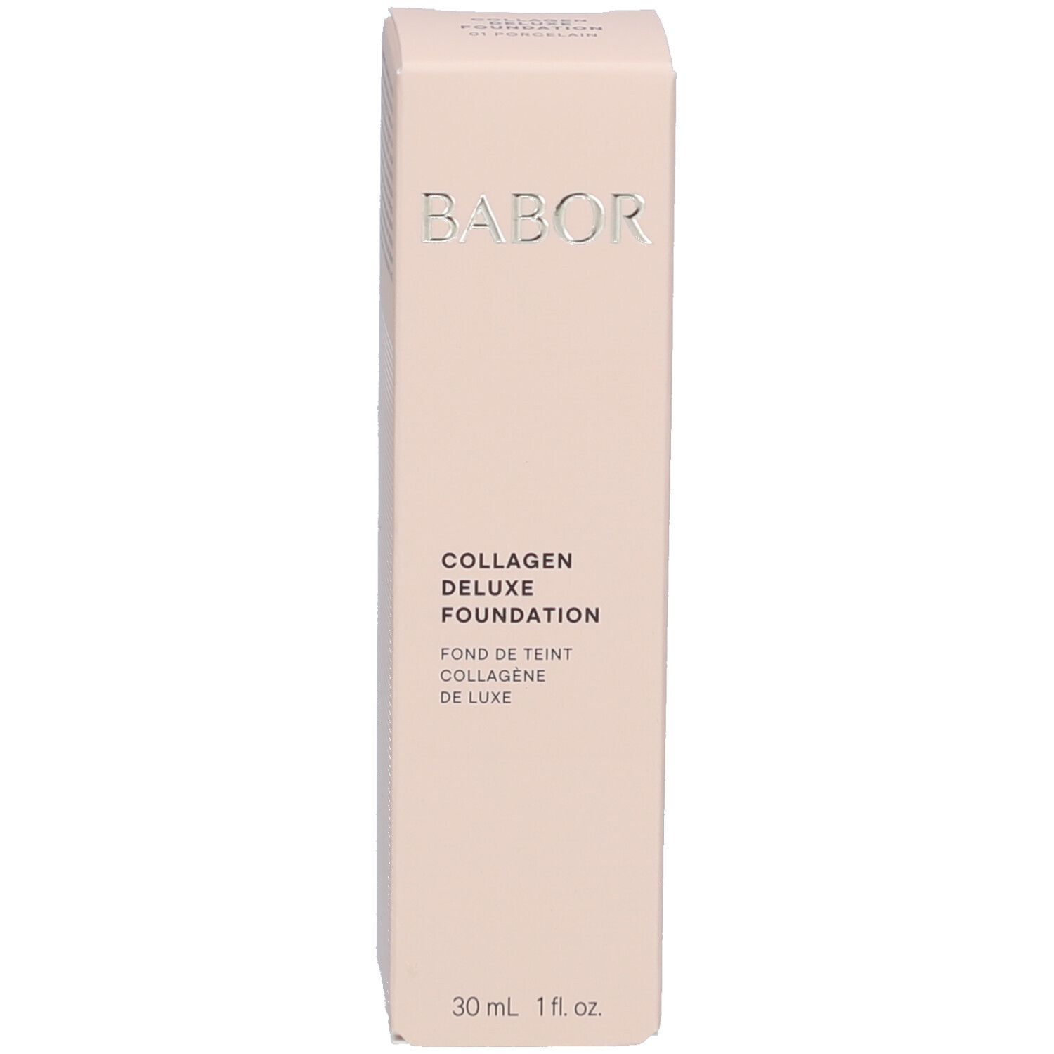 Babor Collagen Deluxe Foundation Verpackung. Rosa Verpackung mit Text. 30 ml.