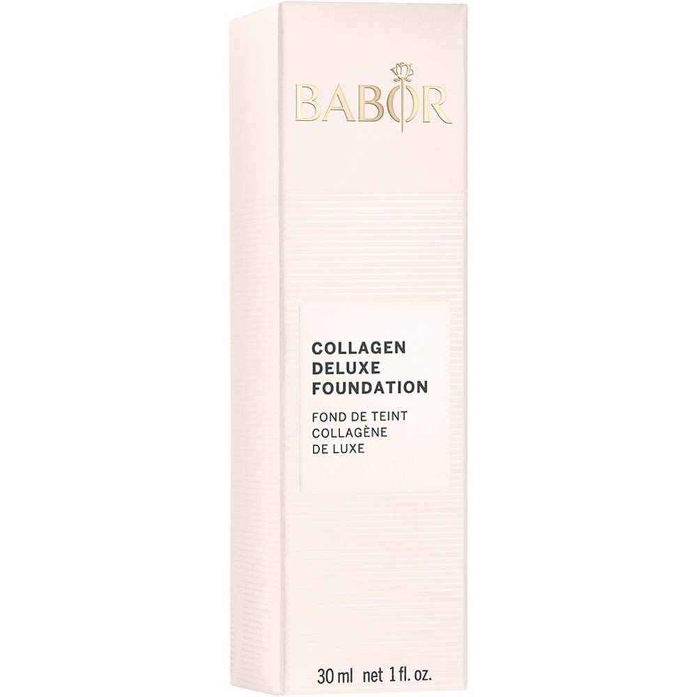 BABOR® Collagen Deluxe Foundation Verpackung. Rosa Verpackung mit Produktnamen und Logo.
