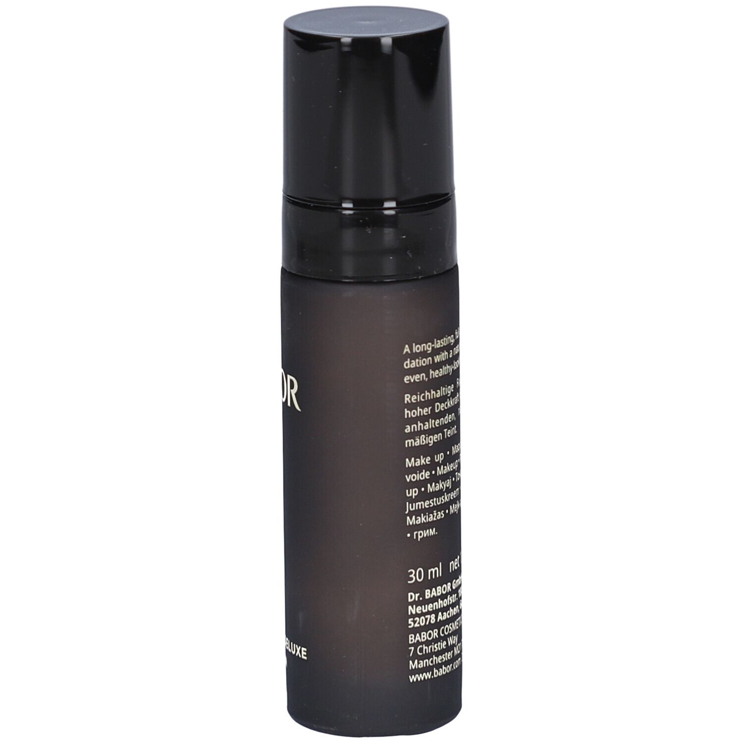 BABOR® Collagen Deluxe Foundation, schwarze Flasche mit schwarzem Deckel. Text und Angaben zur Zusammensetzung. Aufdruck: 30 ml net.