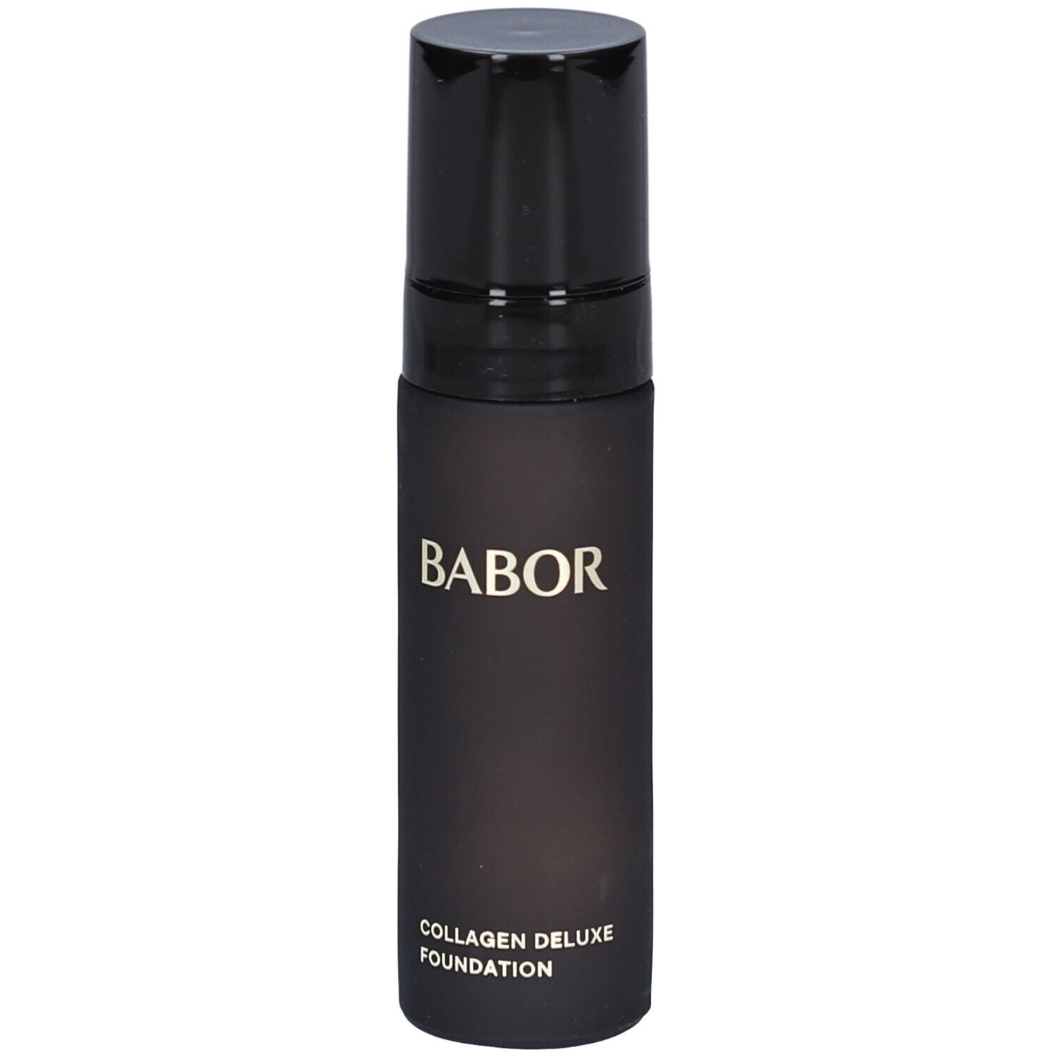 BABOR® Collagen Deluxe Foundation, schwarze Flasche mit schwarzem Deckel. Aufdruck: BABOR, Collagen Deluxe Foundation.