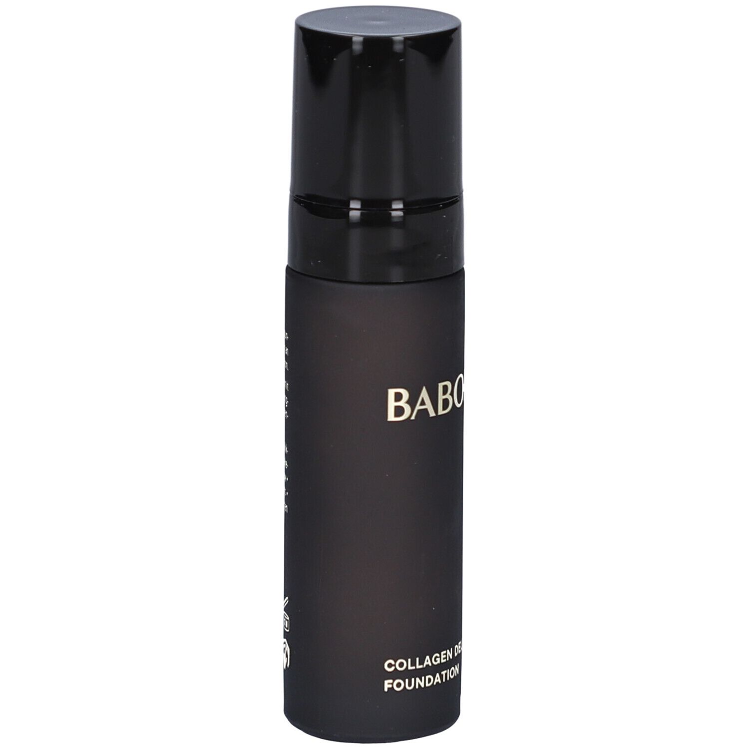 BABOR® Collagen Deluxe Foundation, schwarze Flasche mit schwarzem Deckel. Aufdruck: BABOR, Collagen Deluxe Foundation.