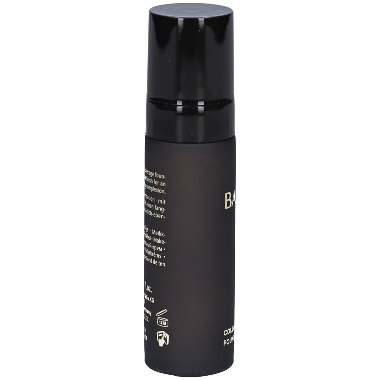 BABOR® Collagen Deluxe Foundation, schwarze Flasche mit schwarzem Deckel. Text und Angaben zur Zusammensetzung. Aufdruck: 30 ml net 1 fl.oz.