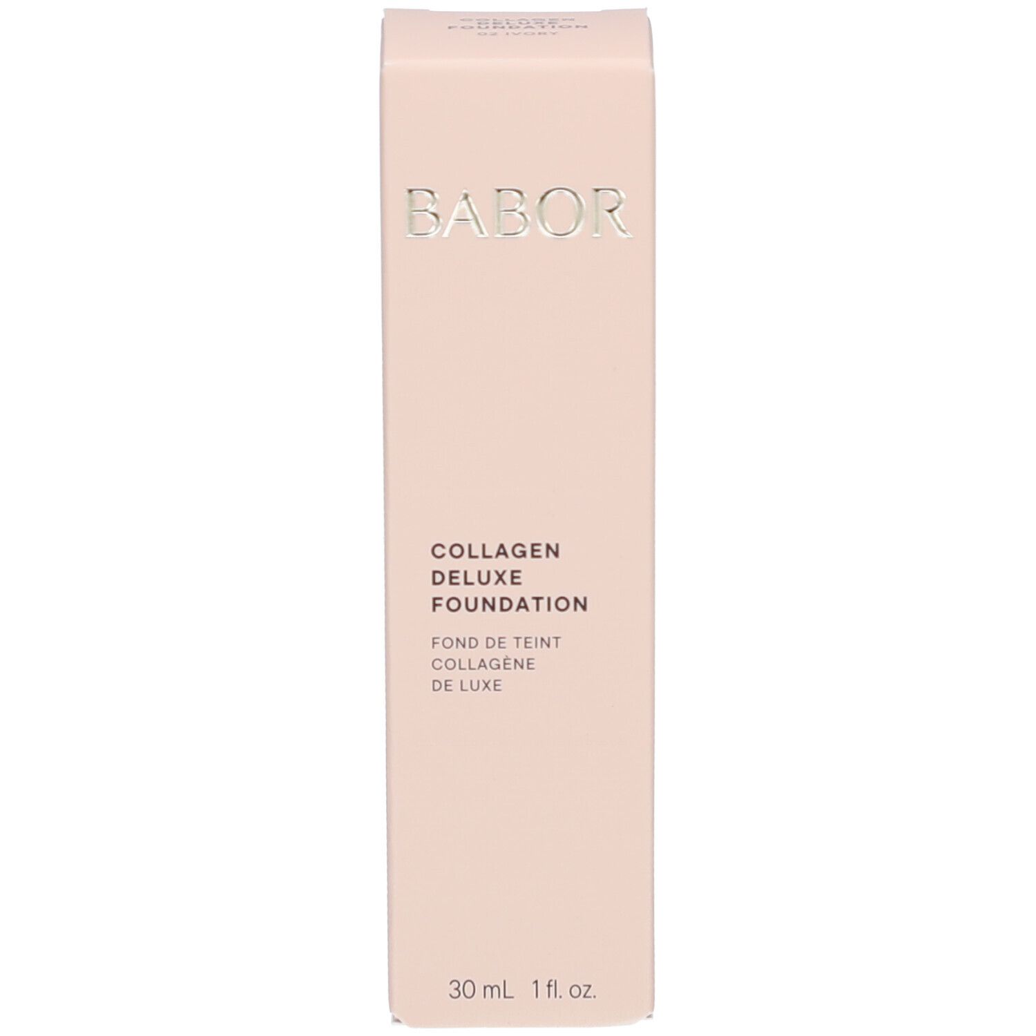 BABOR® Collagen Deluxe Foundation, Verpackung. Verpackung: hellrosa, Aufdruck: BABOR, Collagen Deluxe Foundation, 30 ml 1 fl.oz.