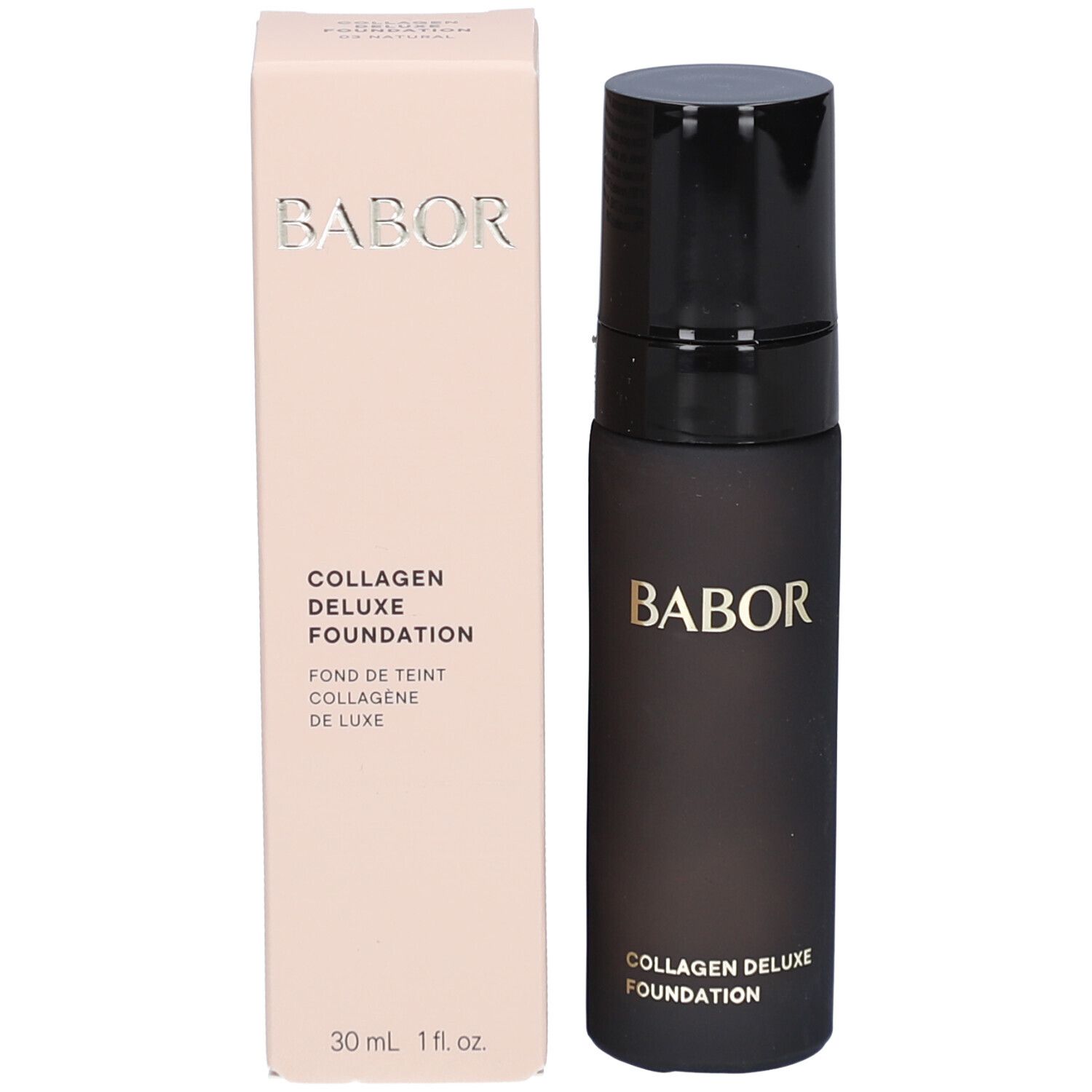 BABOR Foundation-Flakon und Verpackung. Produktname und Marke sichtbar.