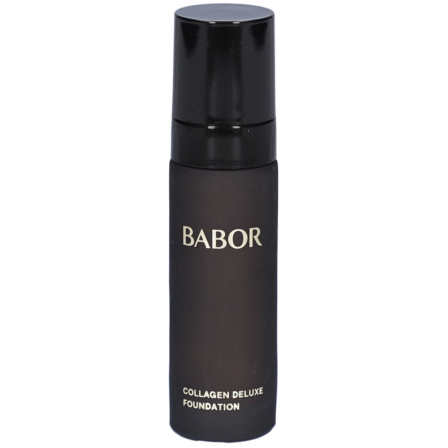 Schwarze Flasche mit schwarzem Deckel. BABOR-Logo und Collagen Deluxe Foundation. Vorderansicht.
