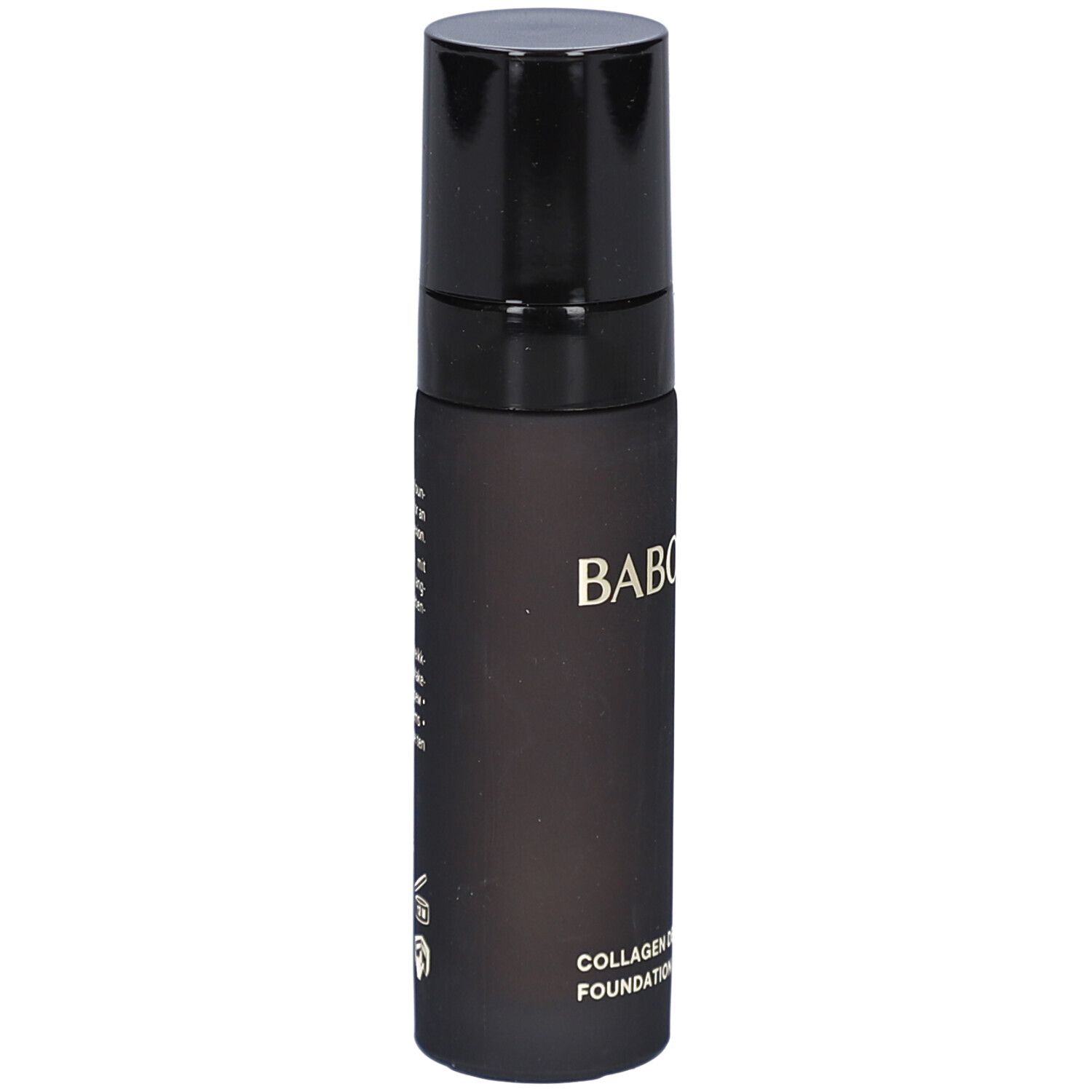 Schwarze Flasche mit schwarzem Deckel. BABOR-Logo und Collagen Deluxe Foundation. Seitliche Ansicht.