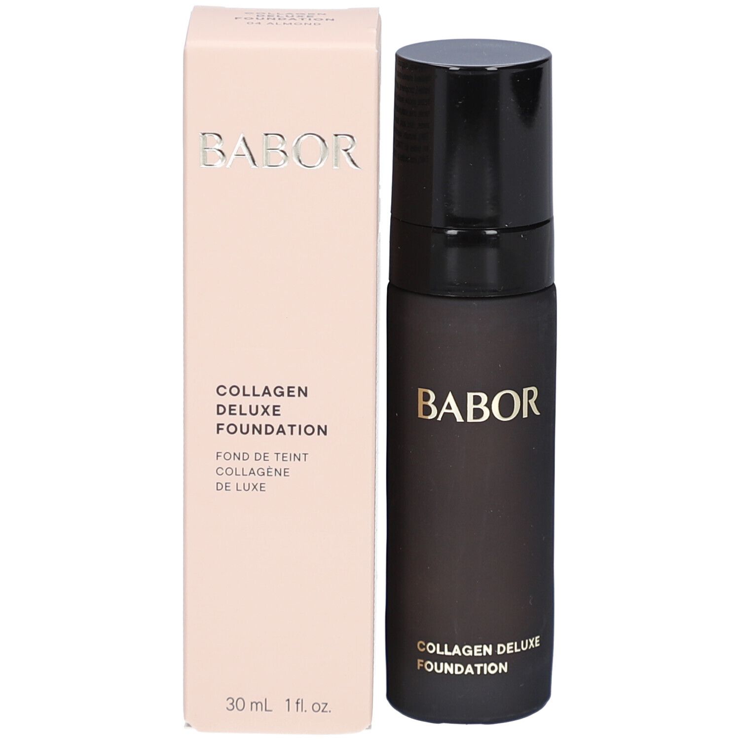 Schwarze Flasche mit schwarzem Deckel und Verpackung. BABOR-Logo und Collagen Deluxe Foundation. 30 ml.