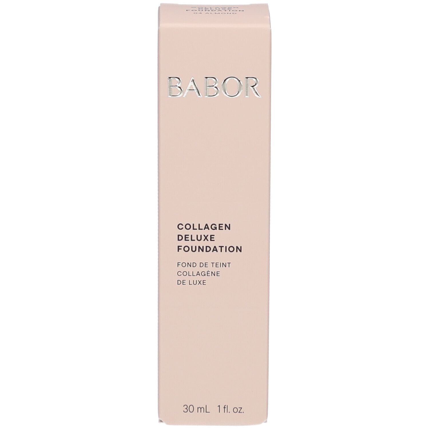 Verpackung für BABOR Collagen Deluxe Foundation. Logo und Produktname. 30 ml, 1 fl.oz.
