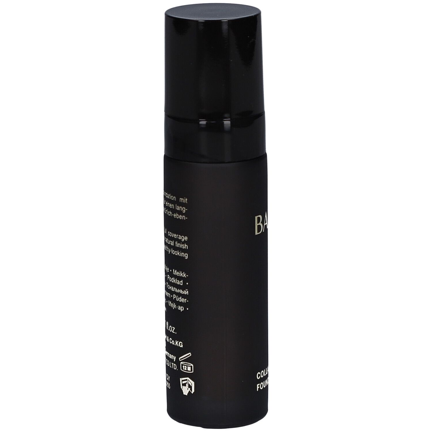 Schwarze Flasche BABOR Foundation. Seitliche Ansicht. Text auf der Flasche. Deckel oben.