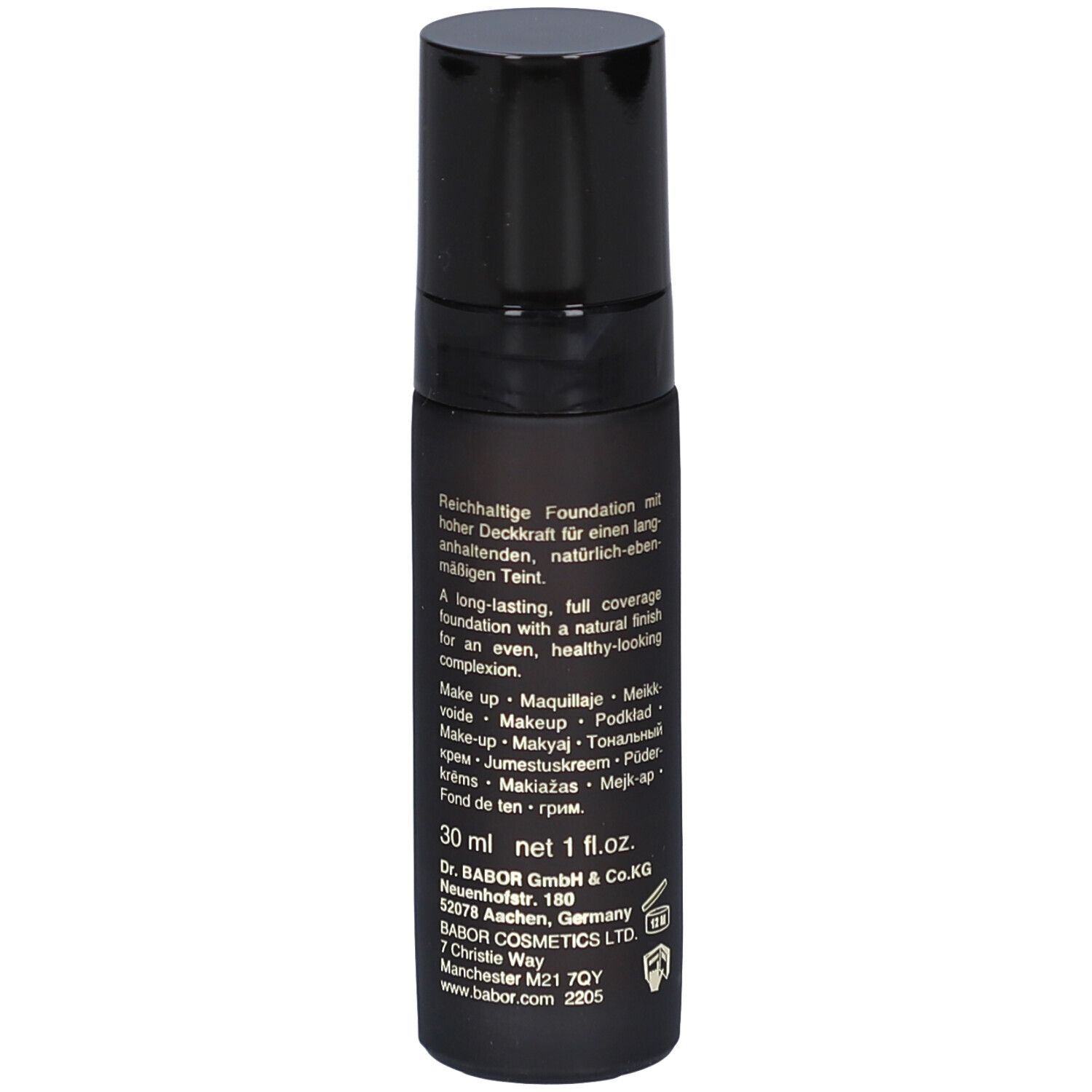 Schwarze Flasche BABOR Foundation. Text auf der Flasche. 30 ml. Deckel oben.
