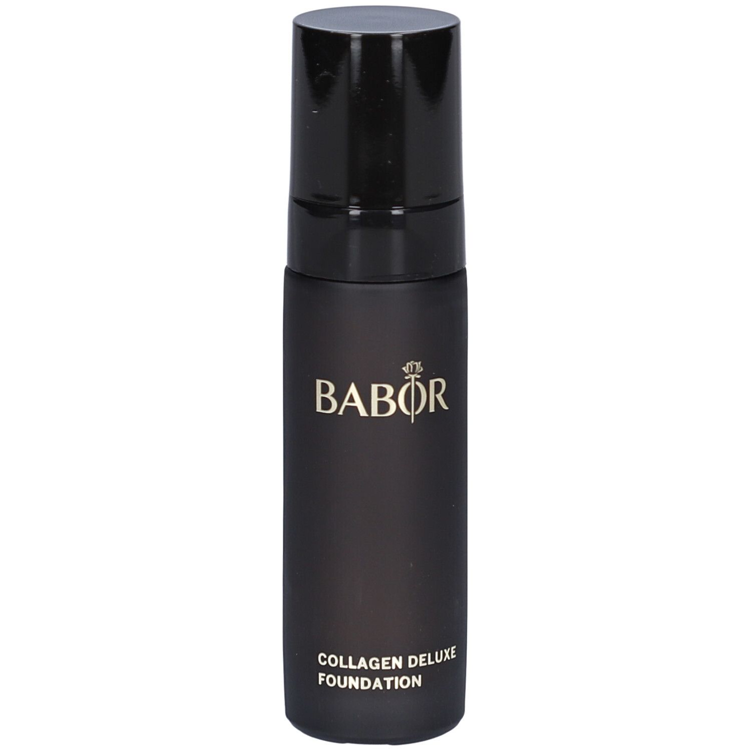 Schwarze Flasche BABOR Foundation. Logo BABOR. Text: Collagen Deluxe Foundation. Deckel oben.