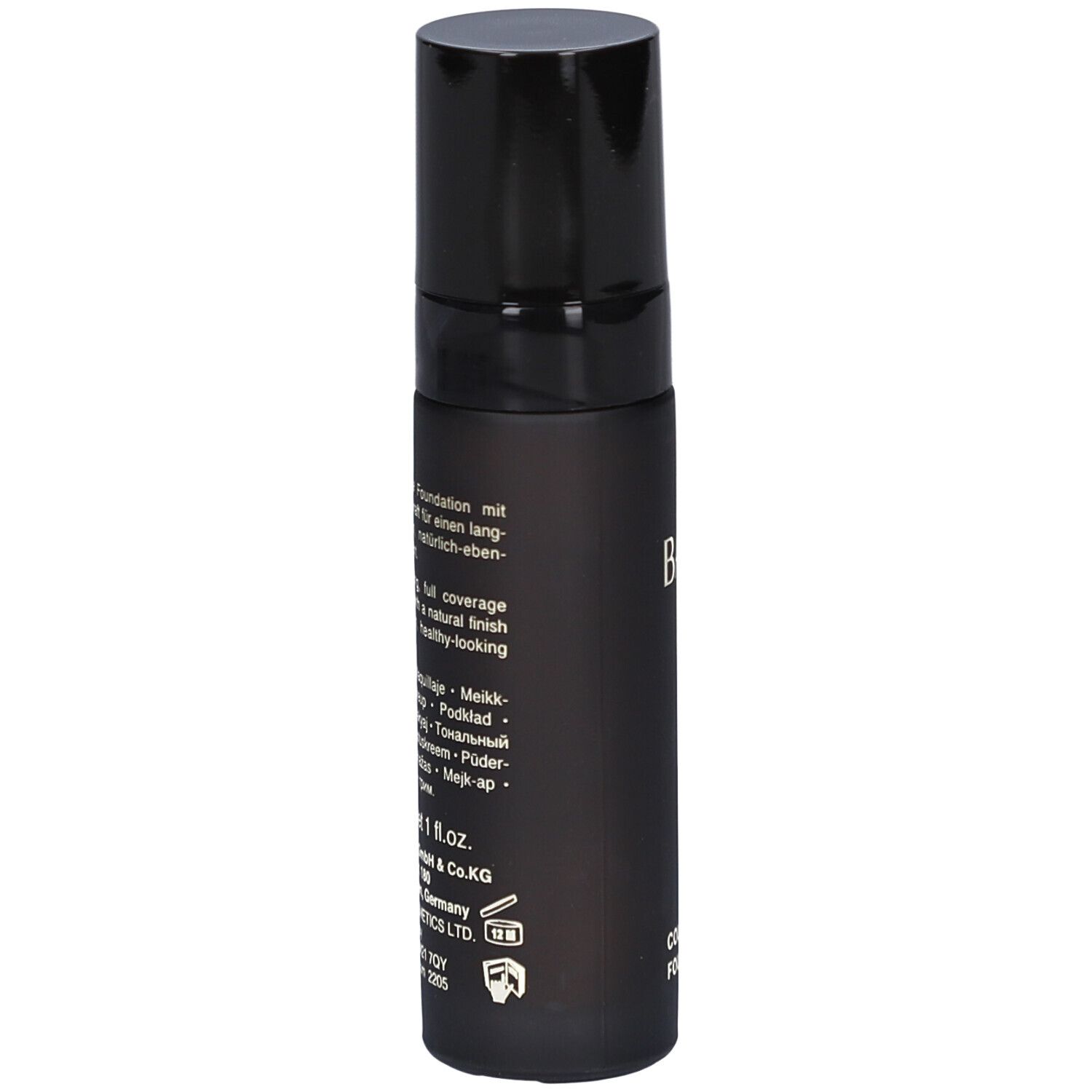 Schwarze Flasche BABOR Foundation. Text auf der Flasche. 30 ml. Deckel oben.