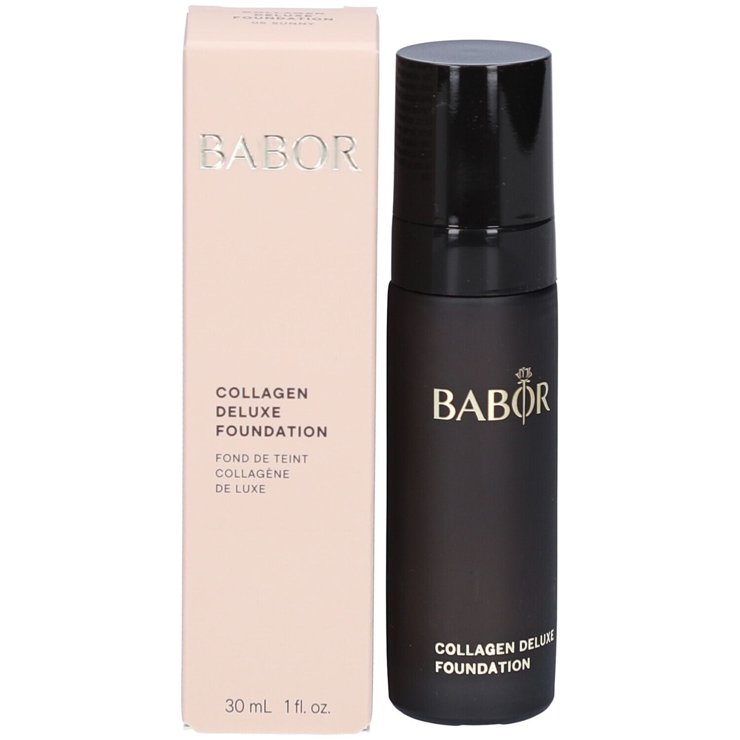 BABOR Foundation Flasche und Verpackung. Logo BABOR. Text: Collagen Deluxe Foundation. 30 ml.