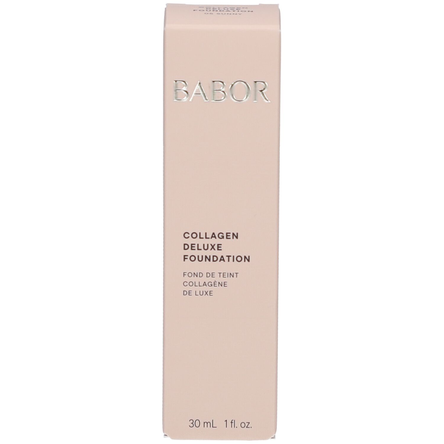 BABOR Foundation Verpackung. Logo BABOR. Text: Collagen Deluxe Foundation. 30 ml.