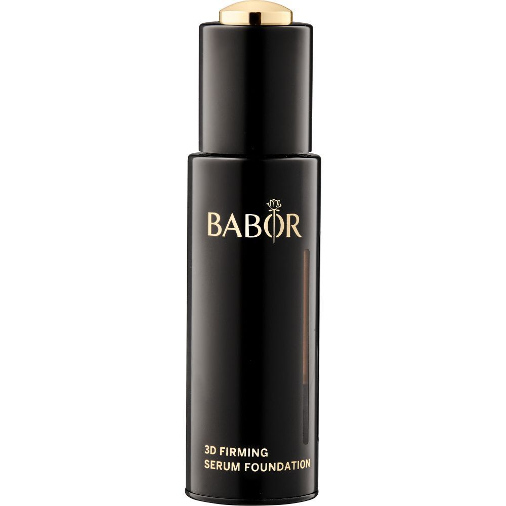 Schwarze Flasche mit goldener Kappe. Aufschrift BABOR und 3D Firming Serum Foundation.