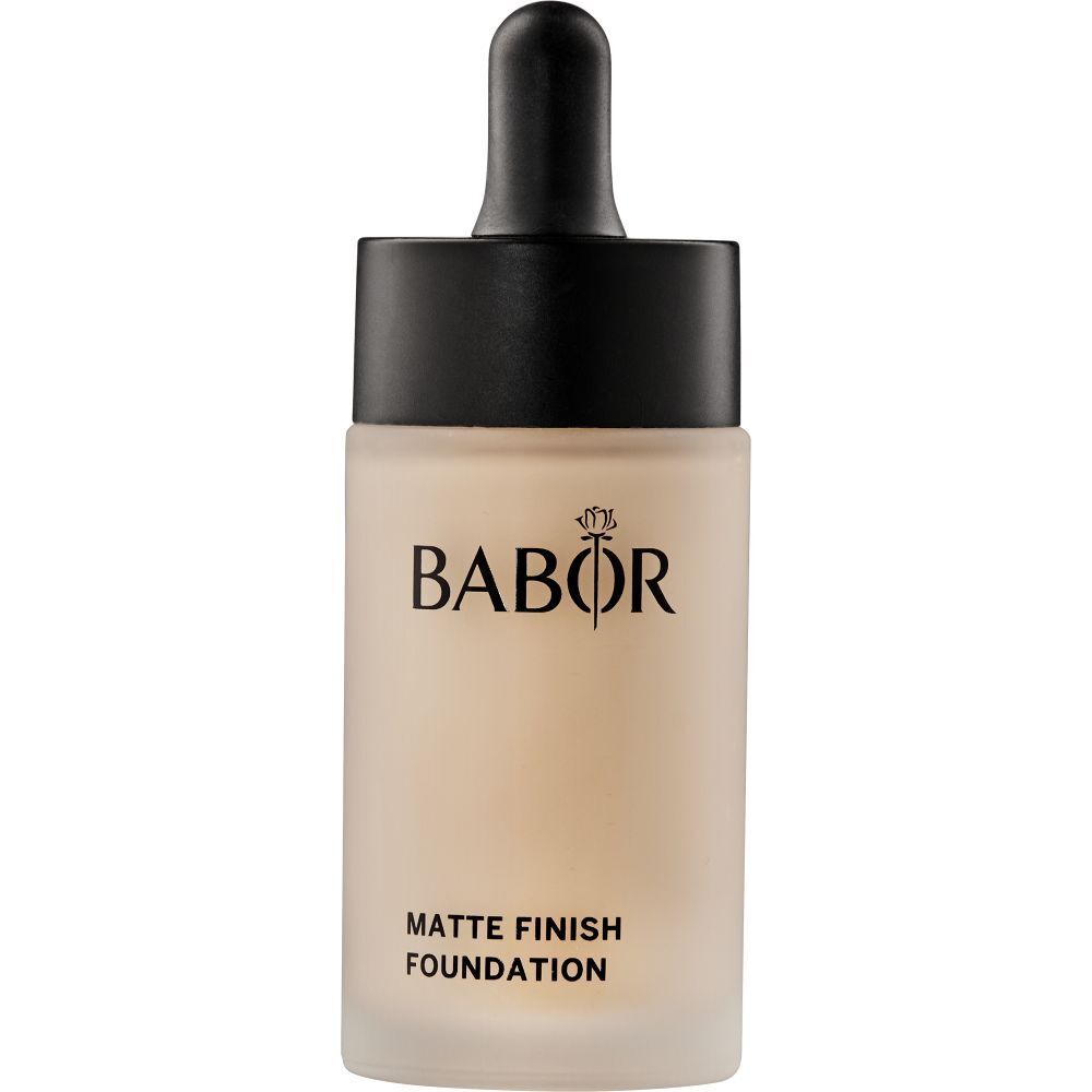 Flakon mit Foundation. Mattes Finish. Schwarzer Deckel mit Pipette. Babor-Logo.