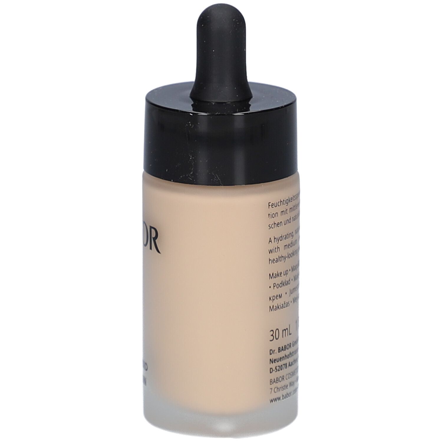 Foundation-Flasche mit schwarzem Deckel und Pipette. Produktname und Text sind sichtbar. 30 ml.