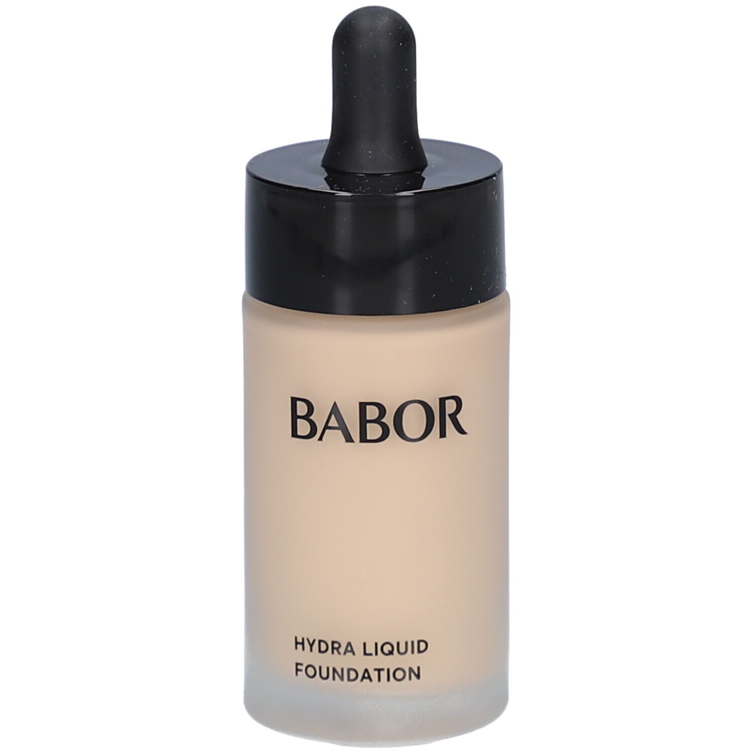 Foundation-Flasche mit schwarzem Deckel und Pipette. BABOR und HYDRA LIQUID FOUNDATION sind sichtbar.