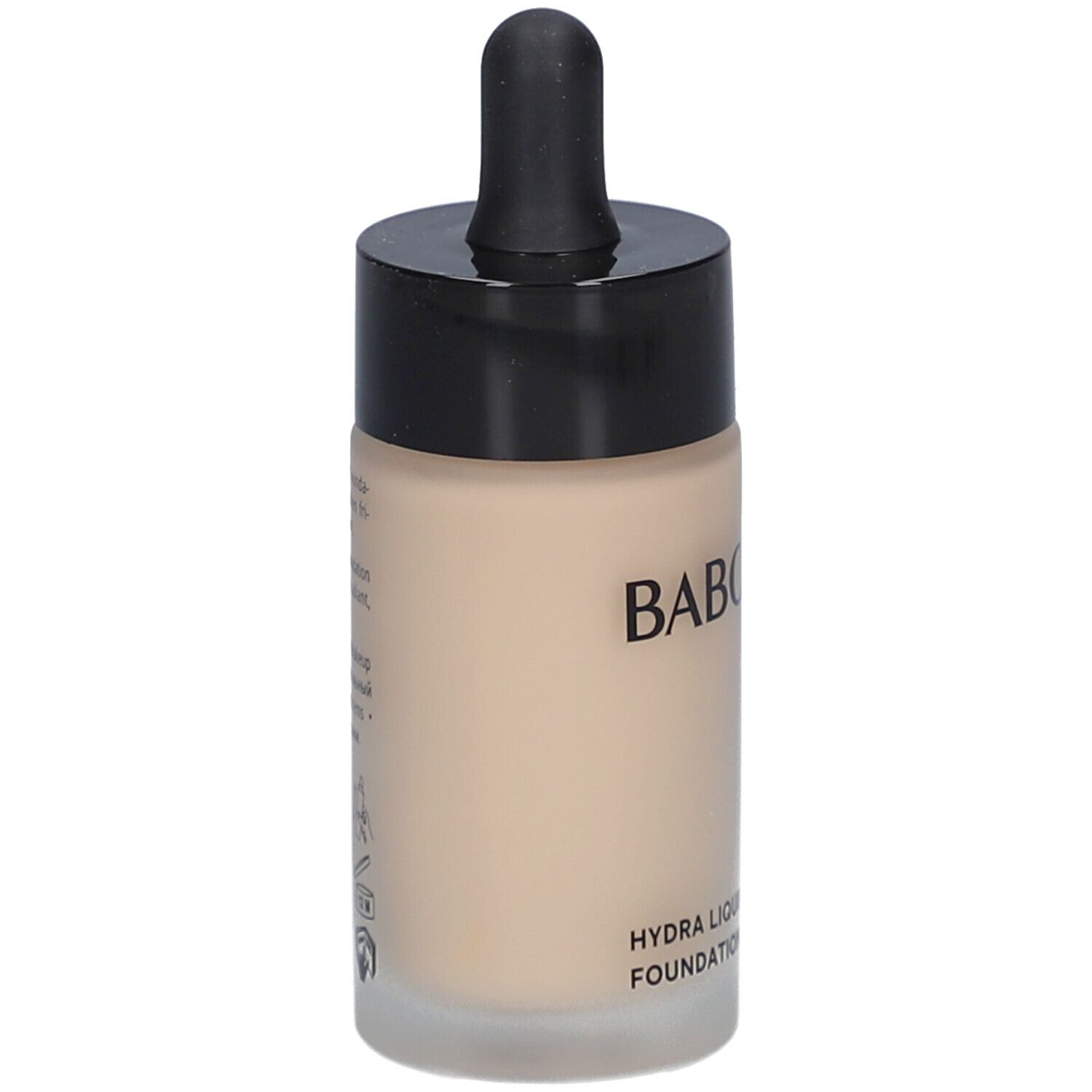 Foundation-Flasche mit schwarzem Deckel und Pipette. Produktname und Text sind sichtbar.