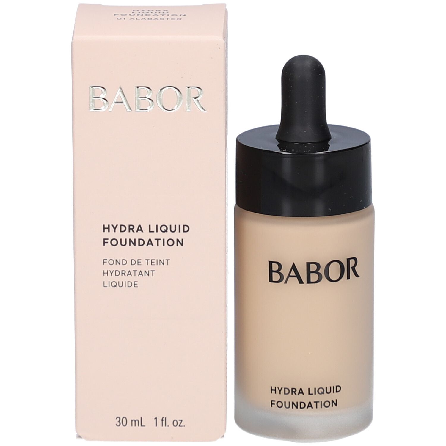 Foundation-Flasche und Verpackung. BABOR, HYDRA LIQUID FOUNDATION, 30 ml und 1 fl. oz. sind sichtbar.