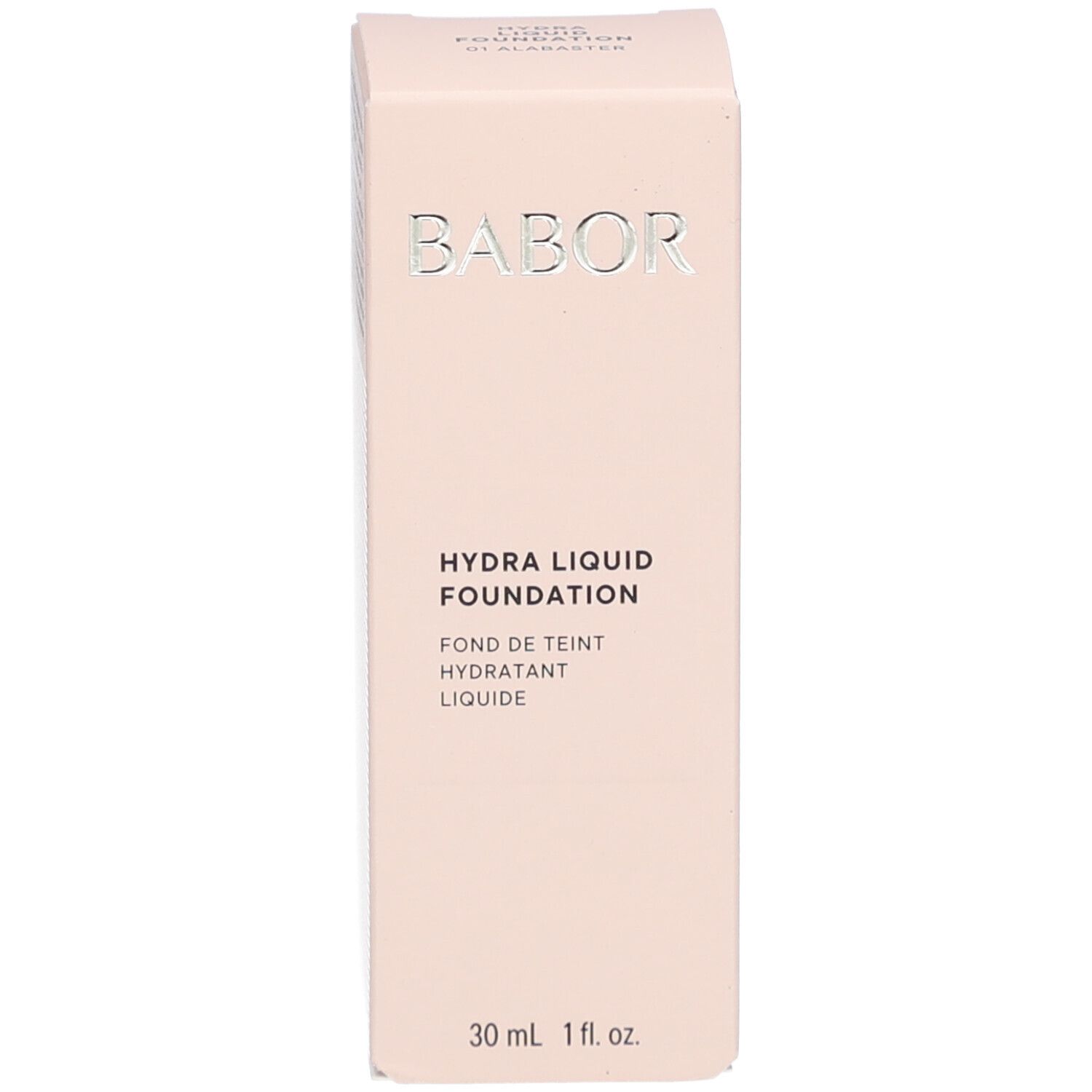 Verpackung. BABOR, HYDRA LIQUID FOUNDATION, 30 ml und 1 fl. oz. sind sichtbar.