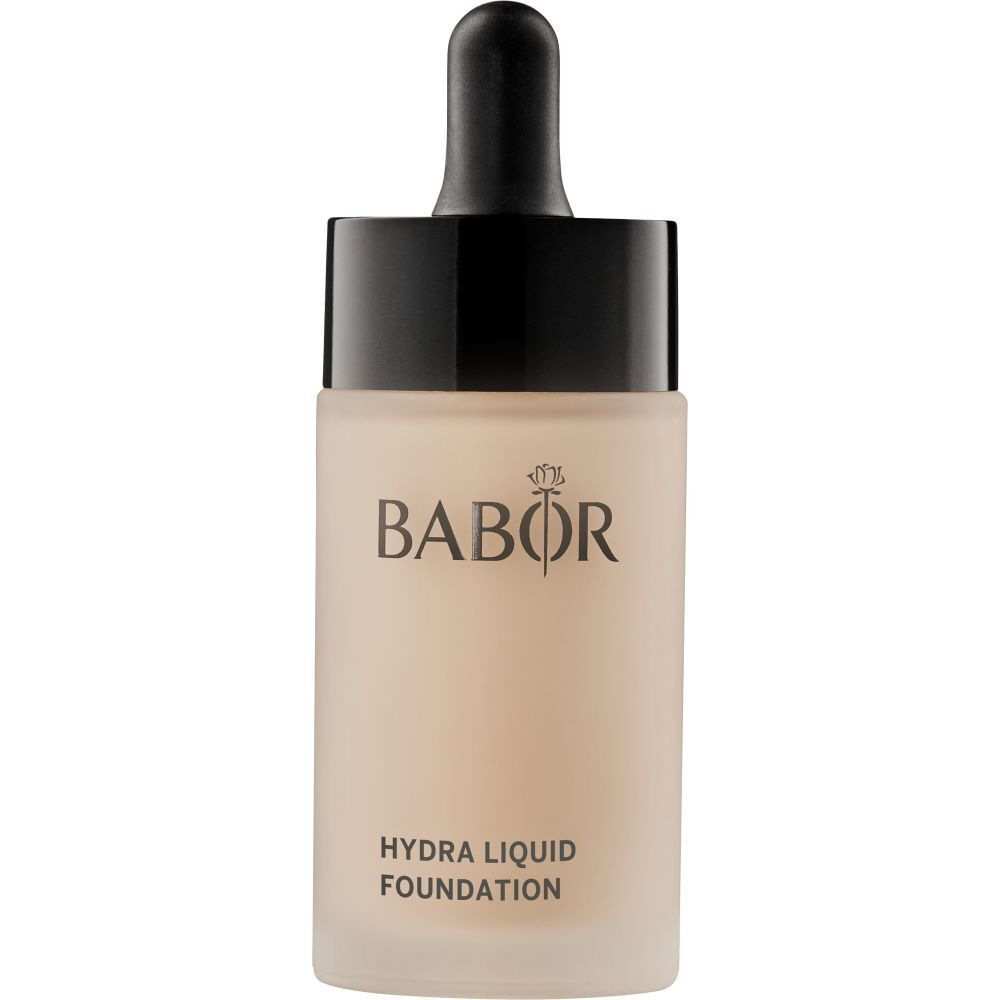 Flüssige Foundation-Flasche mit schwarzem Deckel und Pipette. Marke BABOR, Schriftzug HYDRA LIQUID FOUNDATION.
