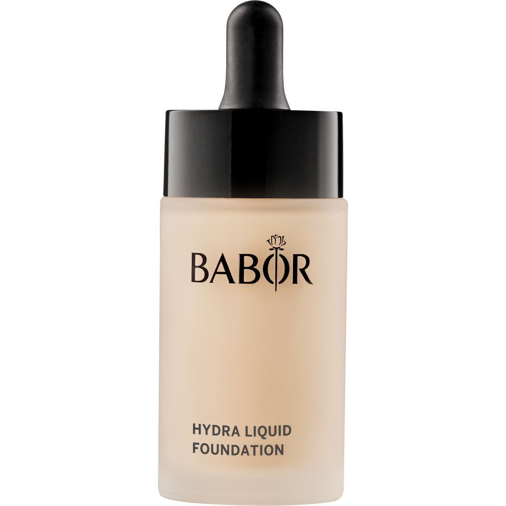 Babor Hydra Liquid Foundation. Flasche mit schwarzem Deckel und Pipette. Aufschrift Babor und Hydra Liquid Foundation.