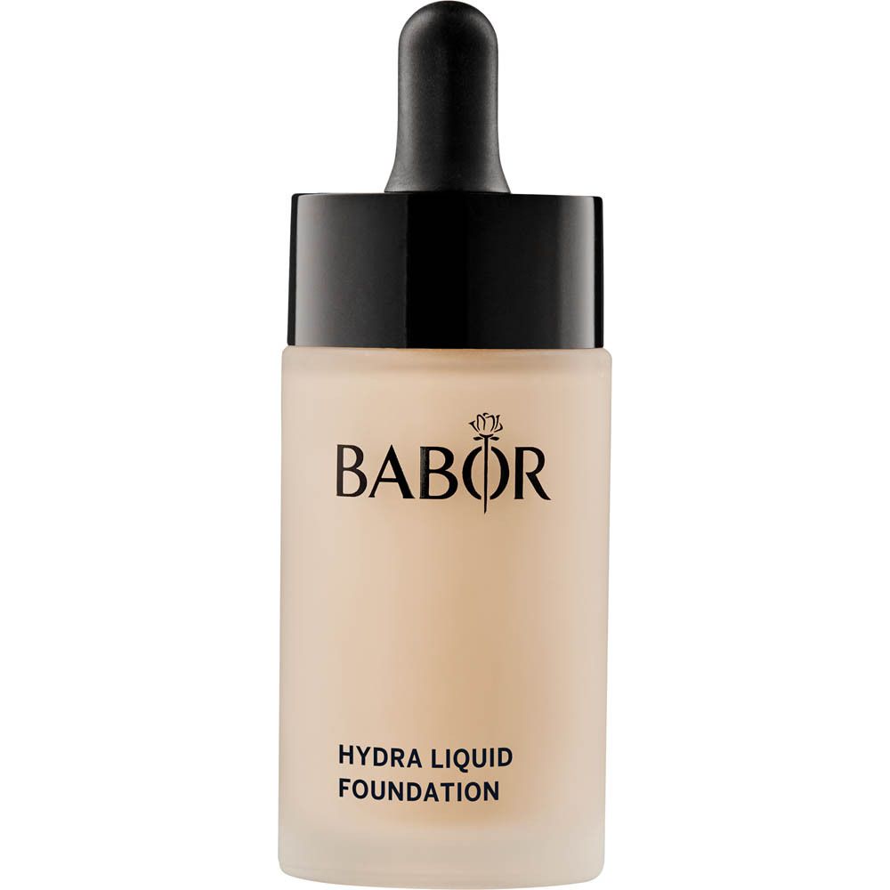 Flüssige Foundation-Flasche mit schwarzem Deckel. Marke BABOR, Produkt HYDRA LIQUID FOUNDATION.