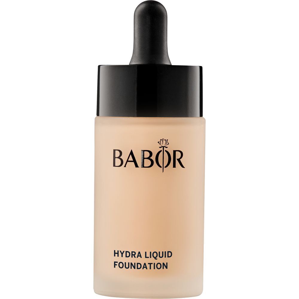 Flüssige Foundation-Flasche mit schwarzem Deckel und Pipette. Marke BABOR, Produktname HYDRA LIQUID FOUNDATION.