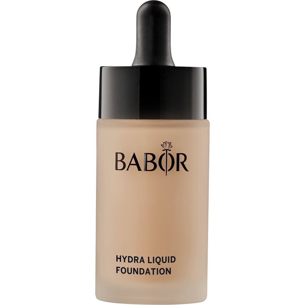 Flüssige Grundierung in einer Glasflasche mit schwarzem Deckel. Marke Babor, Schriftzug Hydra Liquid Foundation.