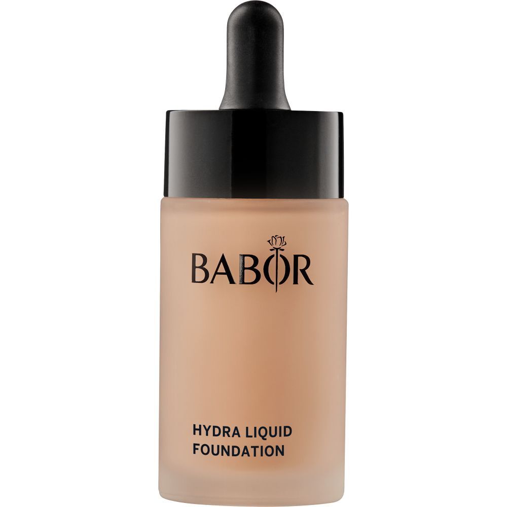 Flüssige Grundierung in einer Glasflasche mit schwarzem Deckel. Aufschrift: Babor, Hydra Liquid Foundation.