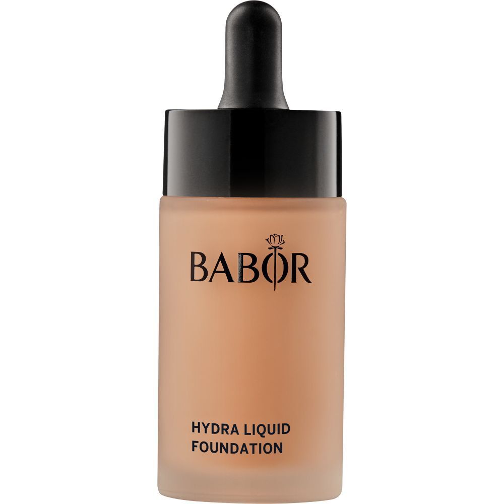 Flüssige Foundation in einer Glasflasche mit schwarzem Deckel und Pipette. Marke BABOR, Produktname HYDRA LIQUID FOUNDATION.