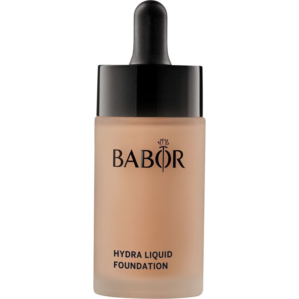 Babor Hydra Liquid Foundation. Flacon avec bouchon noir et pipette. Liquide brun clair visible.