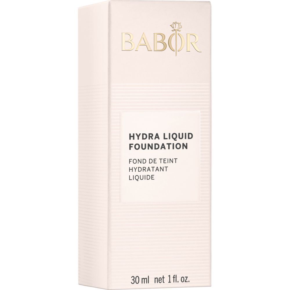 Emballage Babor Hydra Liquid Foundation. Boîte rectangulaire rose avec informations produit.