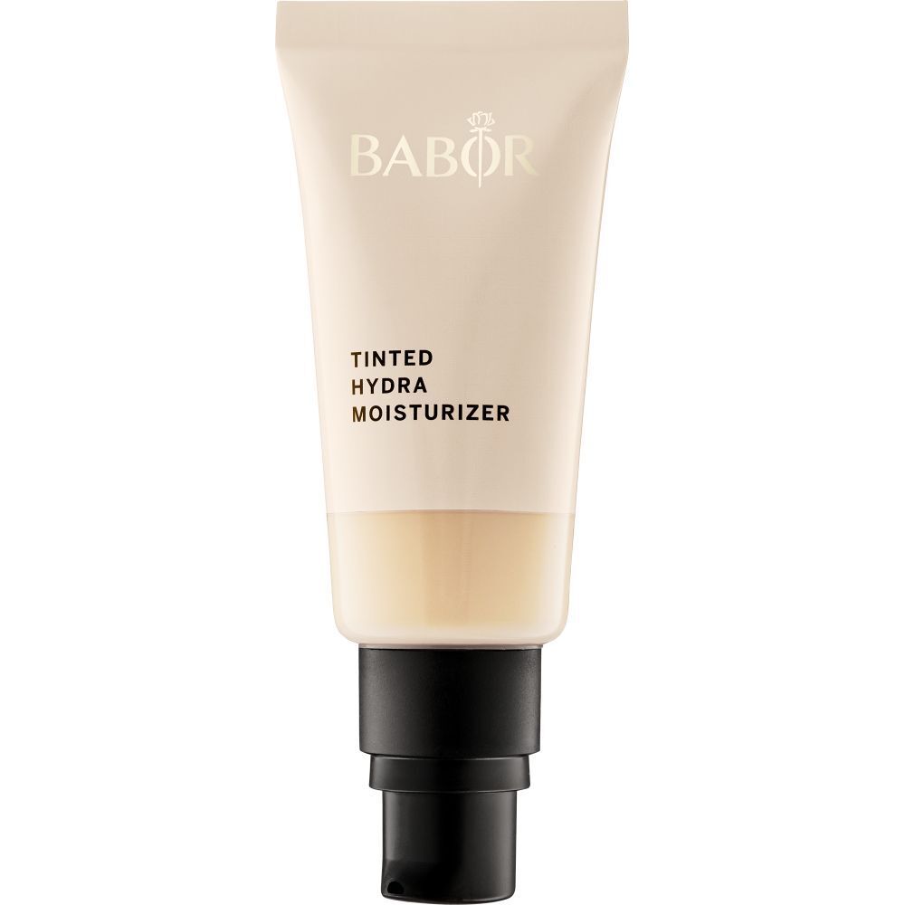 Creme-Tube mit schwarzem Verschluss. Aufschrift: BABOR, TINTED HYDRA MOISTURIZER. Farbton: Ivory.
