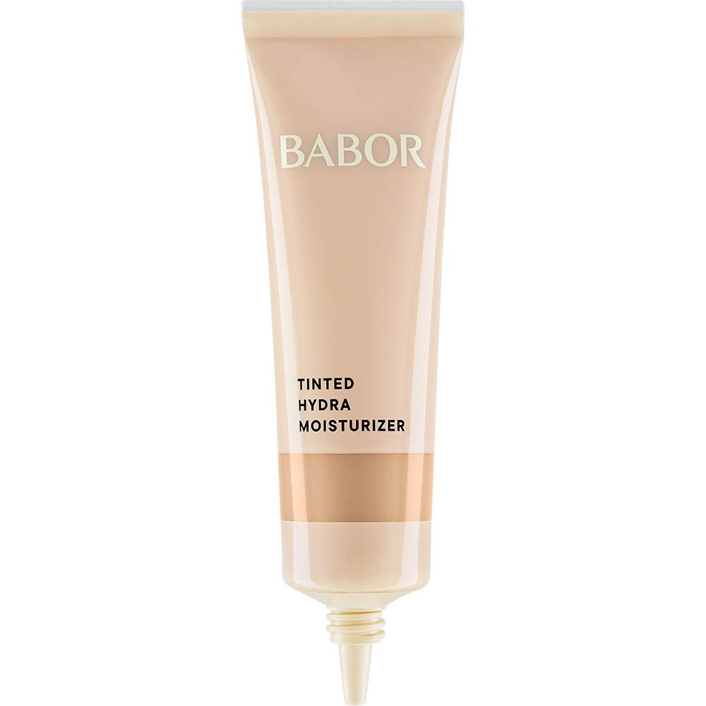 BABOR Tinted Hydra Moisturizer Verpackung. Beige Verpackung mit Produktnamen und Marke.