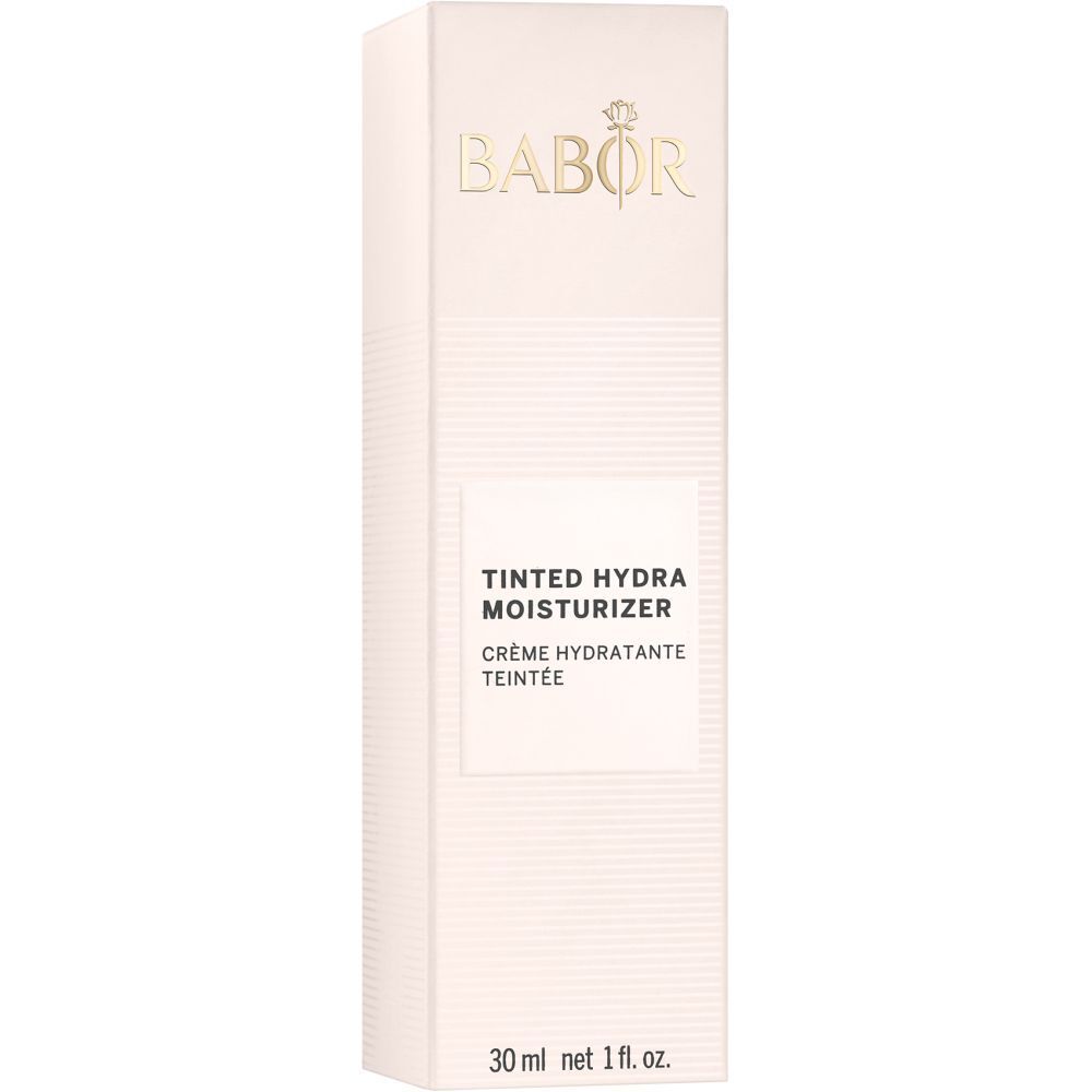 Verpackung der getönten Feuchtigkeitscreme. Aufschrift: BABOR, TINTED HYDRA MOISTURIZER, Crème hydratante teintée.