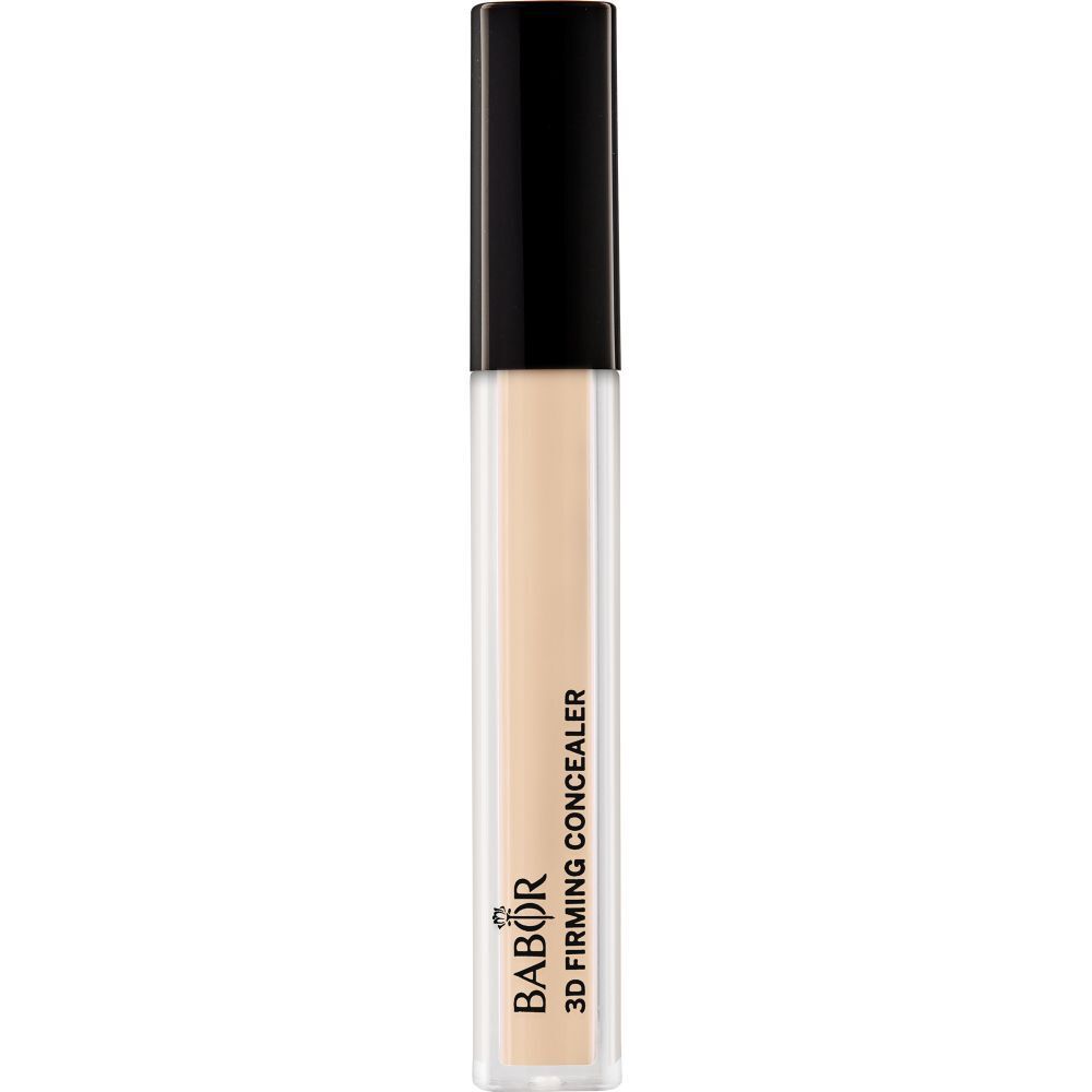 Babor 3D Straffender Concealer. Beige Flüssig-Concealer in durchsichtiger Flasche mit schwarzem Deckel. Produktbeschriftung.