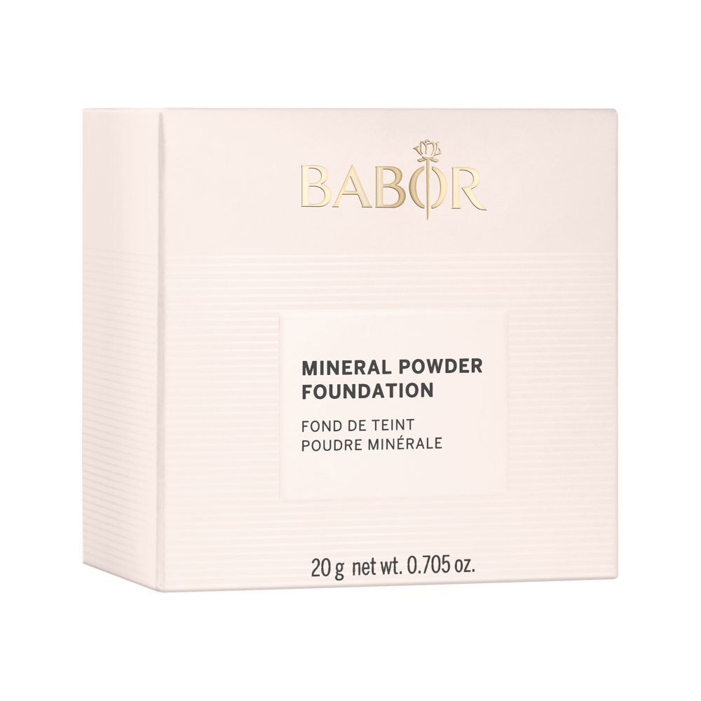 Beige quadratische Schachtel. Aufschrift: BABOR, Mineral Powder Foundation, 20 g.