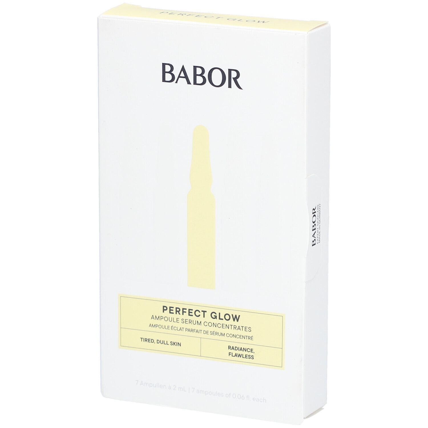 Weiße Verpackung mit gelber Ampulle-Illustration. Marke BABOR. Text: PERFECT GLOW, Ampullen.