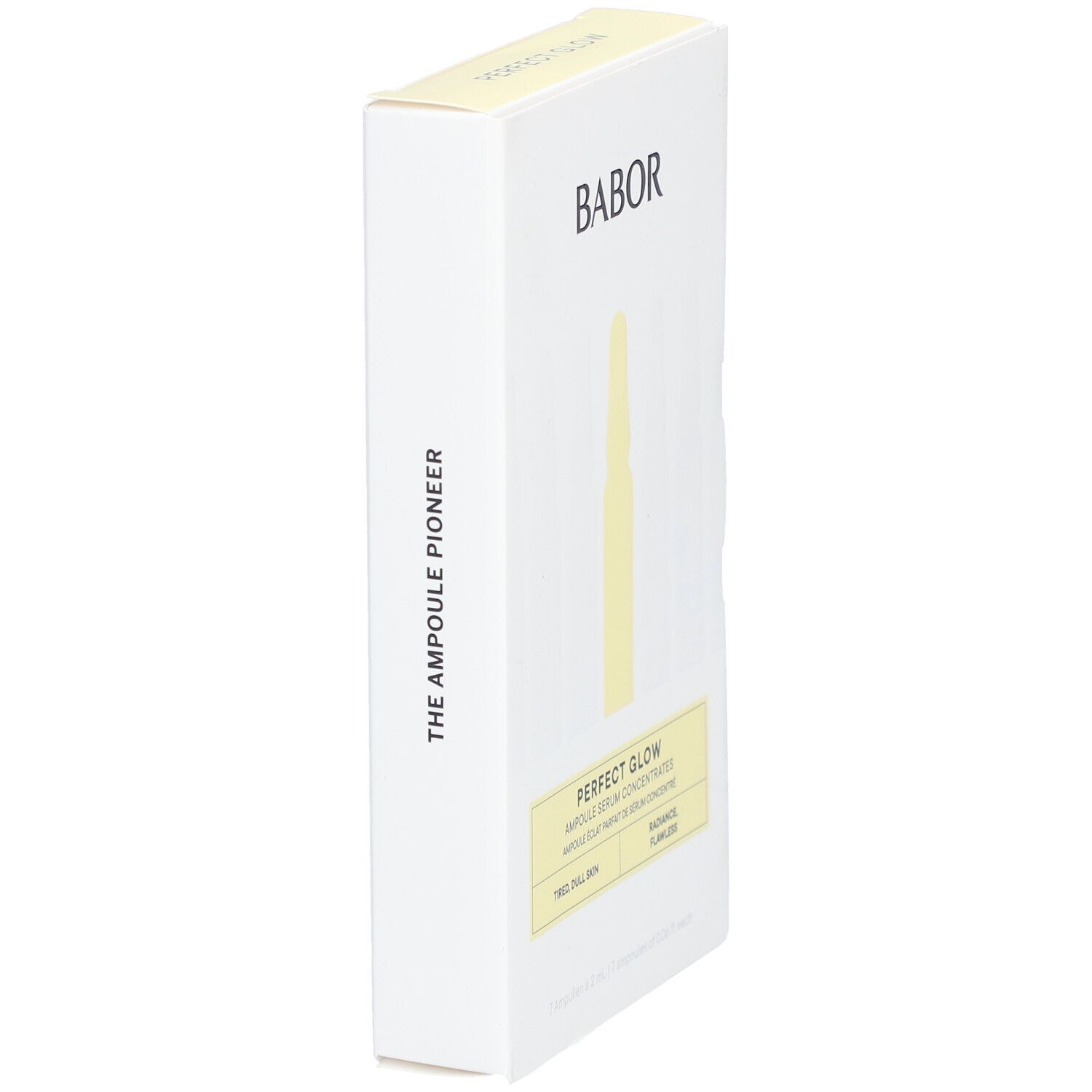 Weiße Verpackung, Seitenansicht. Marke BABOR. Text: THE AMPOULE PIONEER, PERFECT GLOW.