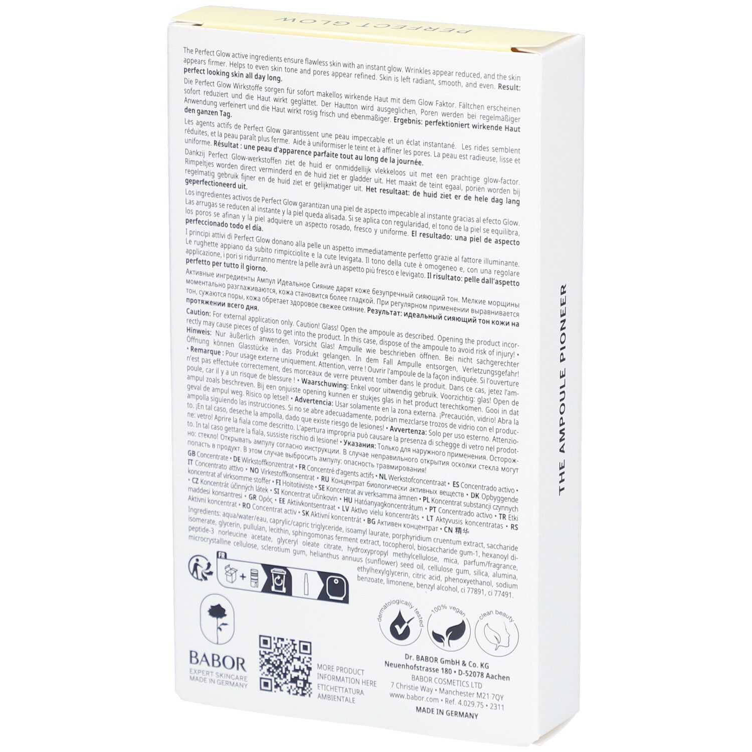 Weiße Verpackung, Rückseite mit Text. Marke BABOR. Text: PERFECT GLOW, Inhaltsstoffe, Anwendung.