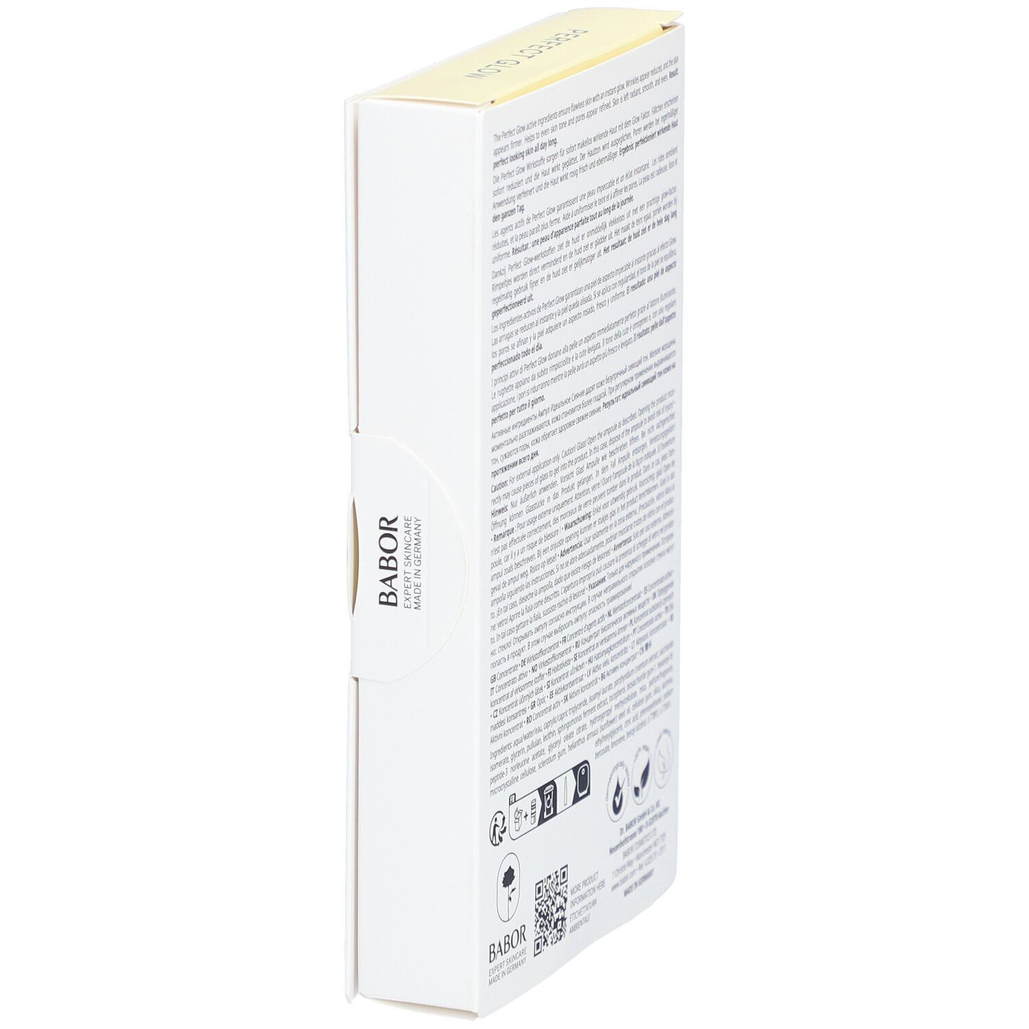Weiße Verpackung, Seitenansicht. Marke BABOR. Text: PERFECT GLOW, Inhaltsstoffe, Anwendung.